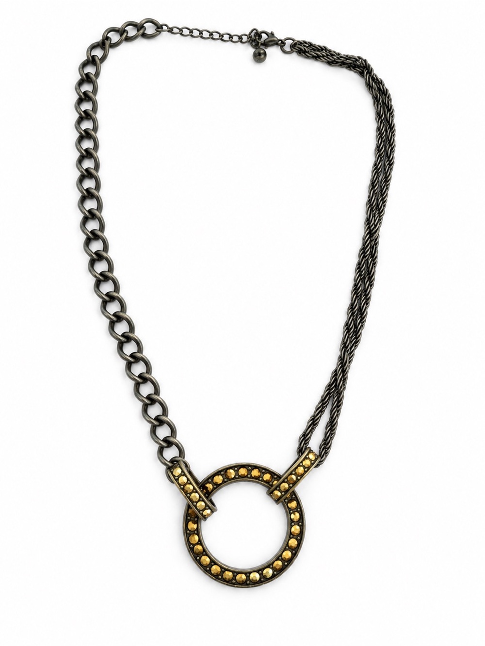 Antique Gold Tone Mixed Chain Statement Necklace with Rhinestone Circle Pendant